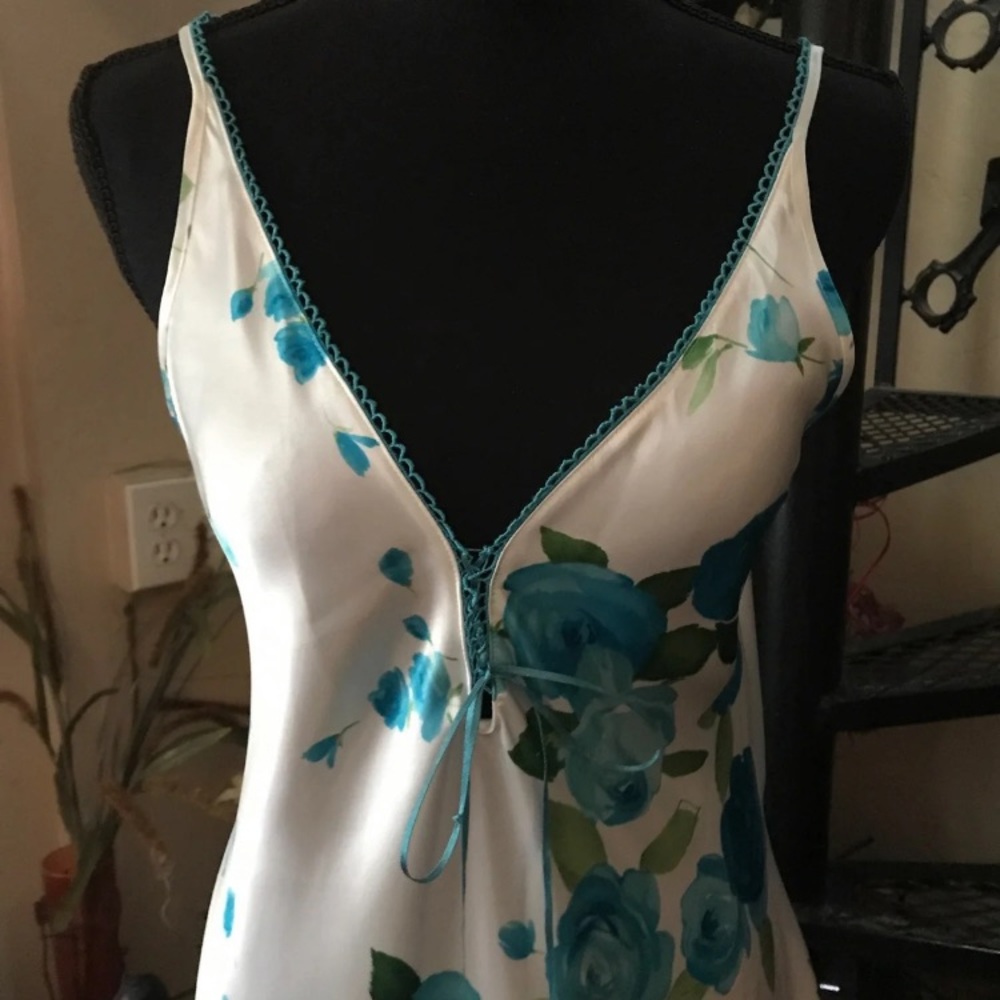 Vintage Satin Green Blue Floral Long Slip Dress Nightgown Robe - Picture 3 of 7